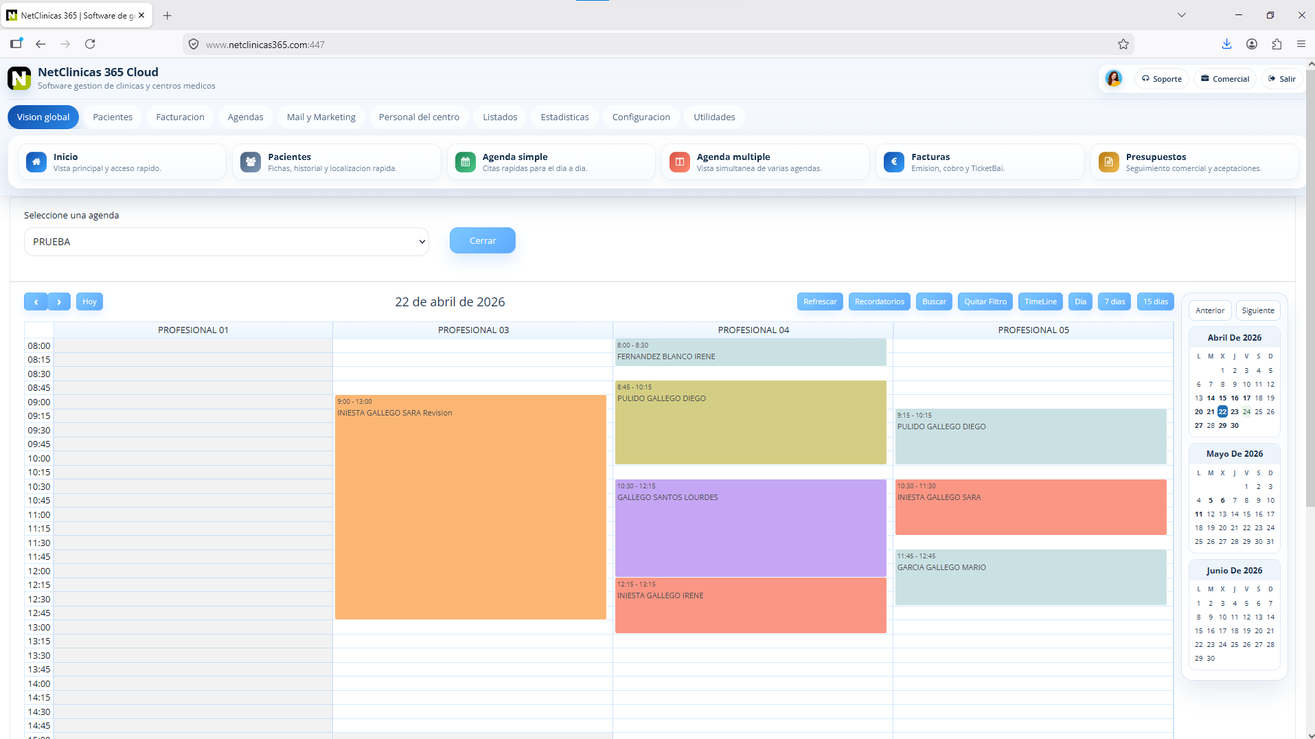 Agenda múltiple de NetClinicas con varias agendas y citas simultáneas